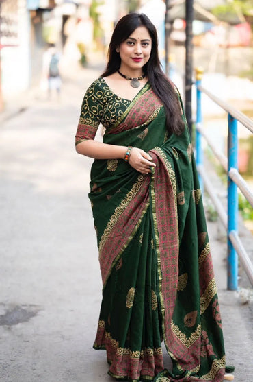 Premium Chanderi Cotton Saree with Hand Block Prints & Zari Pattu Border