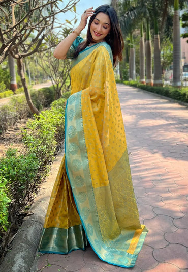 Budget Friendly Tissue Zari Woven Saree | Kanchipuram Pattu Traditional Saree (Yellow)