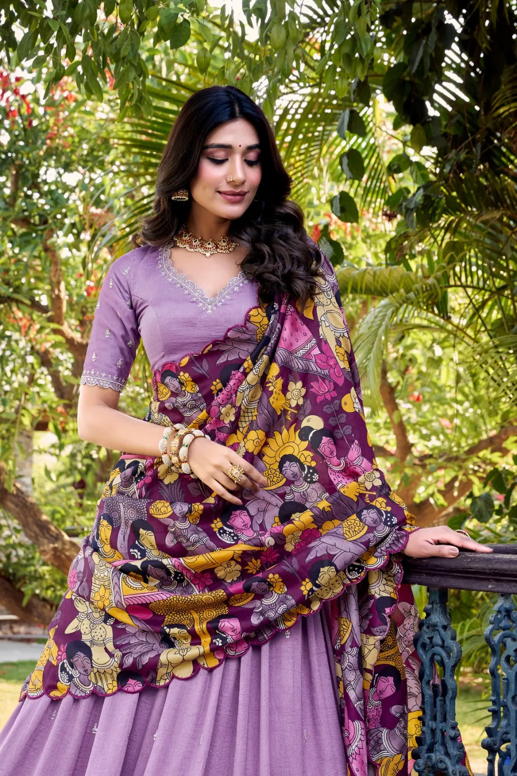 Lehenga Choli for Navratri | Silk Lehenga with Kalamkari Border | Designer Festive Wear