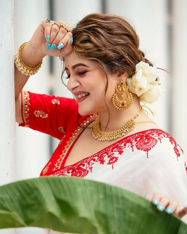 Luxury Red & White Silk Saree with Embroidery – Pure Silk Sarees Online