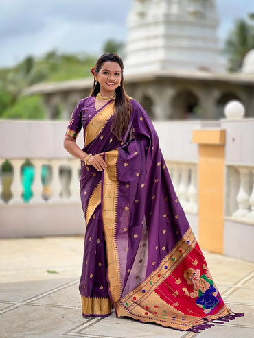 Traditional Paithani Silk Saree with Ganapati Pallu & Zari Weaving (Magenta)