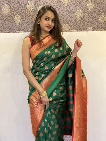 Soft Silk Saree with Zari Weaving | Paithani Saree for Wedding & Festive Wear (Dark Green)