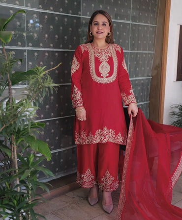 Designer Party Wear Suit | Heavy Chinon Silk with Embroidery & Sequins (Red)