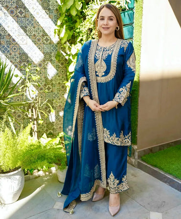 Designer Party Wear Suit | Heavy Chinon Silk with Embroidery & Sequins (Blue)