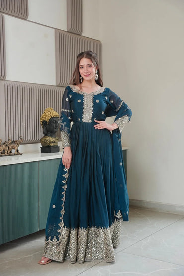Designer Party Wear Gown with Embroidery Work | Premium Noha Crush Silk Fabric Gown (Blue)