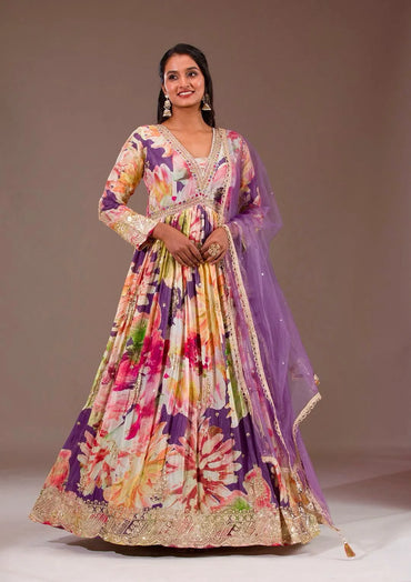 Designer Party Wear Gown | Heavy Chinon Silk with Floral Prints & Dupatta