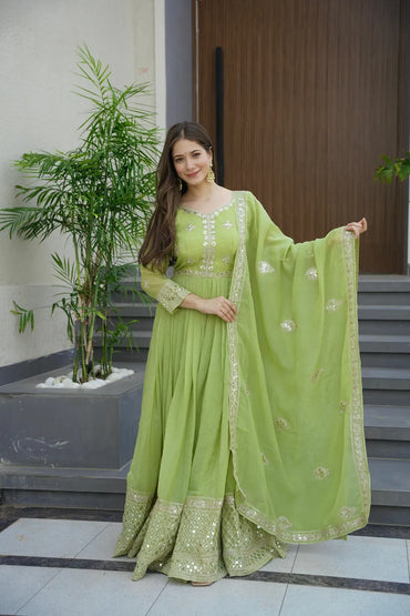 Designer Party Wear Gown Online | Embroidered Party Wear Gown Collection (Green)