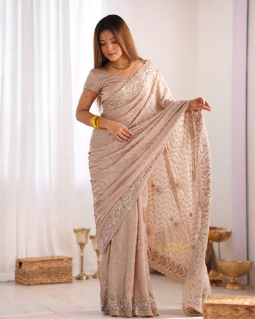 Premium Silk Fabric Saree | Silky Crush Saree with Sequins & Diamond Work