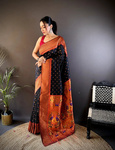 Paithani Silk Saree with Rich Copper Zari Weaving & Free Blouse (Black)