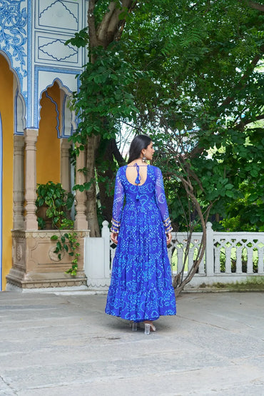 Bandhani Print work with kutchi patchework in Faux Georgette. (Blue)