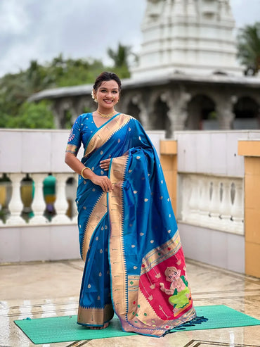 Traditional Paithani Silk Saree with Ganapati Pallu & Zari Weaving (Blue)