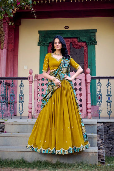Lehenga Choli for Navratri | Silk Lehenga with Kalamkari Border | Designer Festive Wear (Yellow)