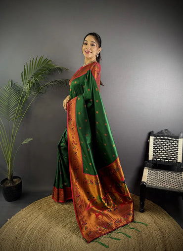 Pure Paithani Saree with Peacock & Deer Pallu – Traditional Maharashtrian Weave (Dark Green)