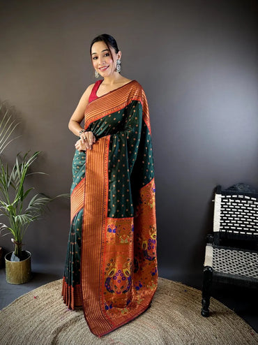 Paithani Silk Saree with Rich Copper Zari Weaving & Free Blouse (Dark Green)