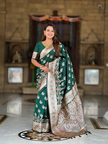 Banarasi Silk Saree with Zari & Meenakari – Premium Wedding Collection (Dark Green)