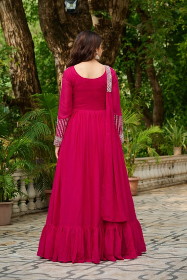 Indian Ethnic Star Georgette Gown with Dupatta – Embroidery & Sequins Work (Pink)