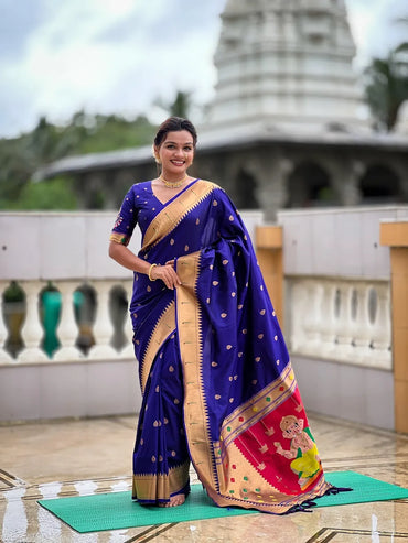 Traditional Paithani Silk Saree with Ganapati Pallu & Zari Weaving (Purple)
