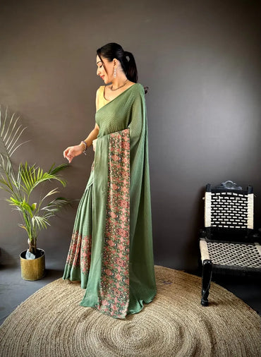 Fancy Georgette Saree with Sequence Work & Foil Print | Party Wear Saree (Green)