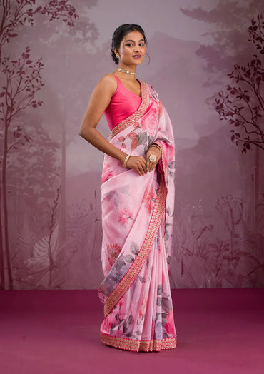 Floral Chinnon Silk Designer Saree with Sequins Border & Embroidery Blouse