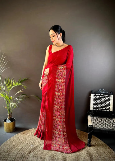 Fancy Georgette Saree with Sequence Work & Foil Print | Party Wear Saree (Red)