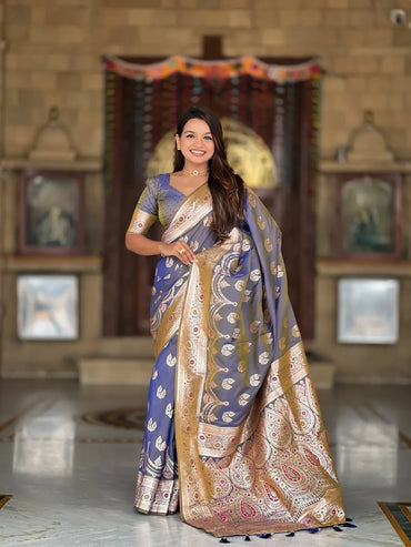 Banarasi Silk Saree with Zari & Meenakari – Premium Wedding Collection (Gray)