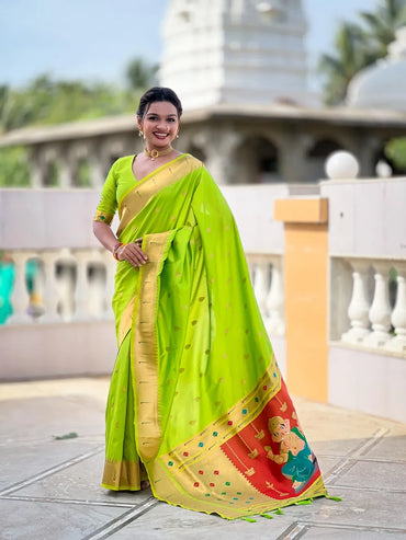 Traditional Paithani Silk Saree with Ganapati Pallu & Zari Weaving (Green)