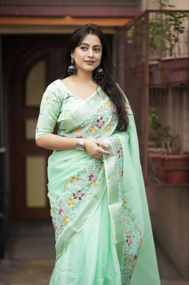 Linen Saree with Floral Embroidery & Silk Embroidery Blouse | New Collection (Green)