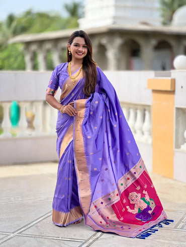 Traditional Paithani Silk Saree with Ganapati Pallu & Zari Weaving (Light Purple)