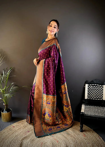 Paithani Silk Saree with Rich Copper Zari Weaving & Free Blouse (Magenta)