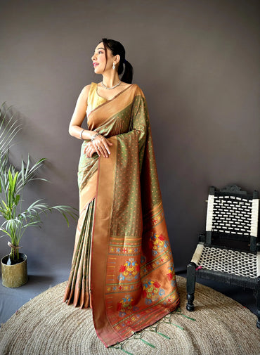 Pure Paithani Saree with Copper Zari & Designer Pallu – Soft Weave (Olive Green)