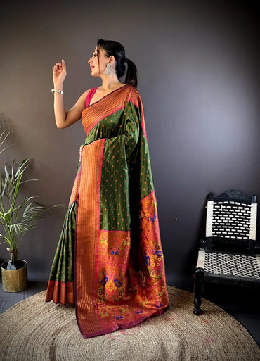 Paithani Silk Saree with Rich Copper Zari Weaving & Free Blouse (Olive Green)