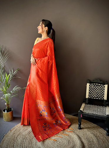 Pure Paithani Saree with Copper Zari & Designer Pallu – Soft Weave (Orange)