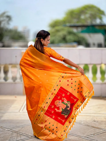 Traditional Paithani Silk Saree with Ganapati Pallu & Zari Weaving (Orange)