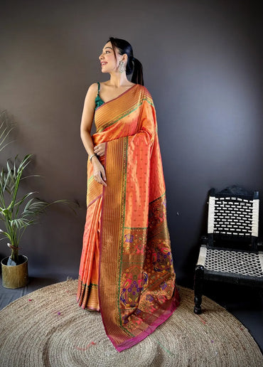 Paithani Silk Saree with Rich Copper Zari Weaving & Free Blouse (Orange)
