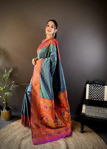 Paithani Silk Saree with Rich Copper Zari Weaving & Free Blouse (Peacock Green)