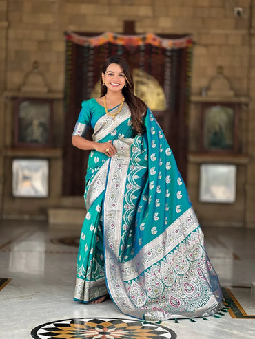 Banarasi Silk Saree with Zari & Meenakari – Premium Wedding Collection (Peaacock Green)