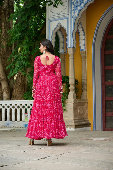 Bandhani Print work with kutchi patchework in Faux Georgette. (Pink)