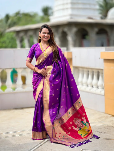 Traditional Paithani Silk Saree with Ganapati Pallu & Zari Weaving (Dark Purple)