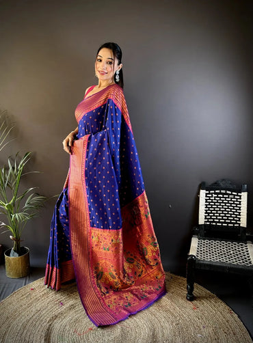 Paithani Silk Saree with Rich Copper Zari Weaving & Free Blouse (Blue)