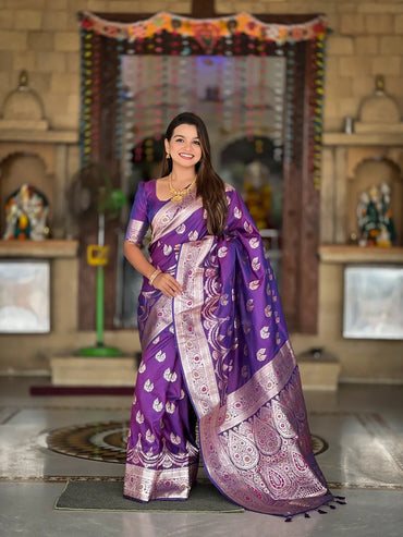 Banarasi Silk Saree with Zari & Meenakari – Premium Wedding Collection (Purple)