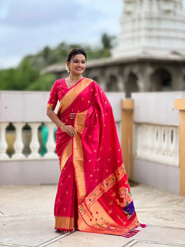 Traditional Paithani Silk Saree with Ganapati Pallu & Zari Weaving