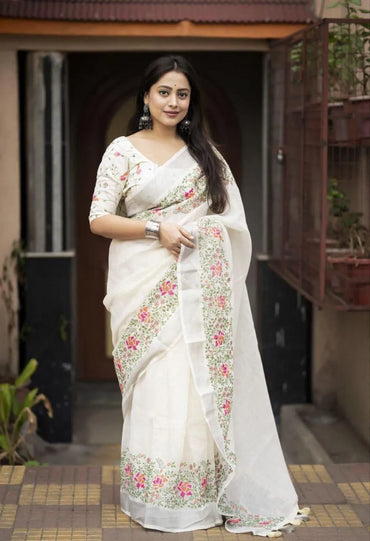 Linen Saree with Floral Embroidery & Silk Embroidery Blouse | New Collection