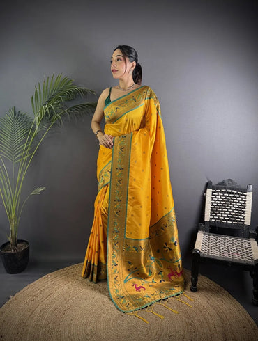 Pure Paithani Saree with Peacock & Deer Pallu – Traditional Maharashtrian Weave (Yellow)