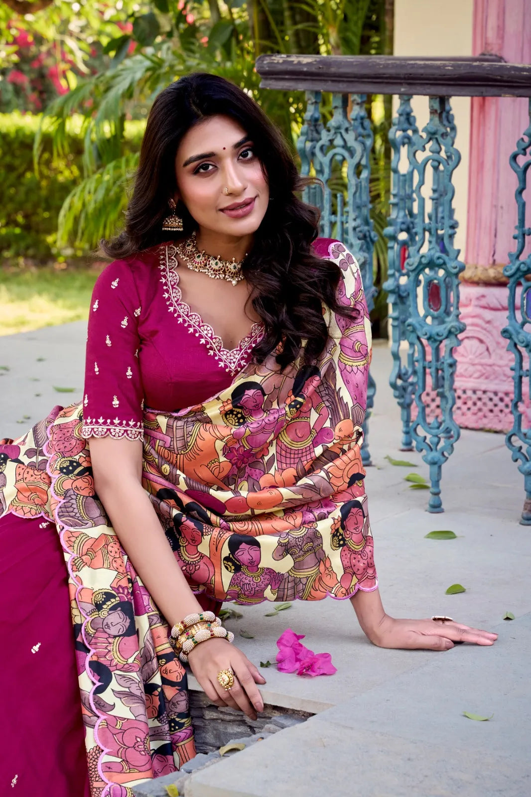 Lehenga Choli for Navratri | Silk Lehenga with Kalamkari Border | Designer Festive Wear (Dark Pink)