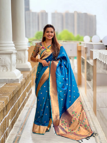 Buy Paithani Silk Saree Online | Zari Weaving Pethani Saree with Rich Meenakari Pallu