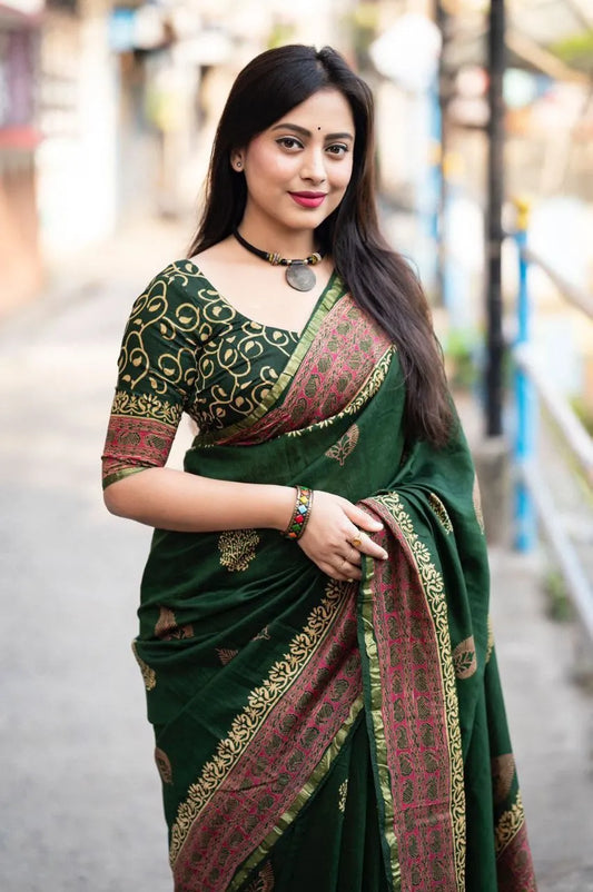Premium Chanderi Cotton Saree with Hand Block Prints & Zari Pattu Border