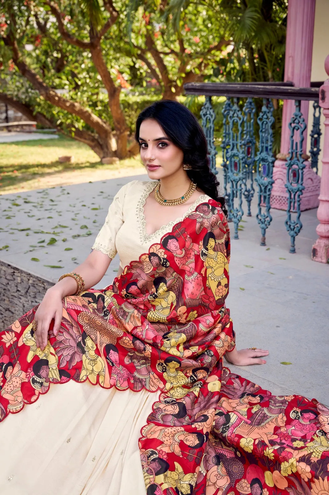 Lehenga Choli for Navratri | Silk Lehenga with Kalamkari Border | Designer Festive Wear (White)