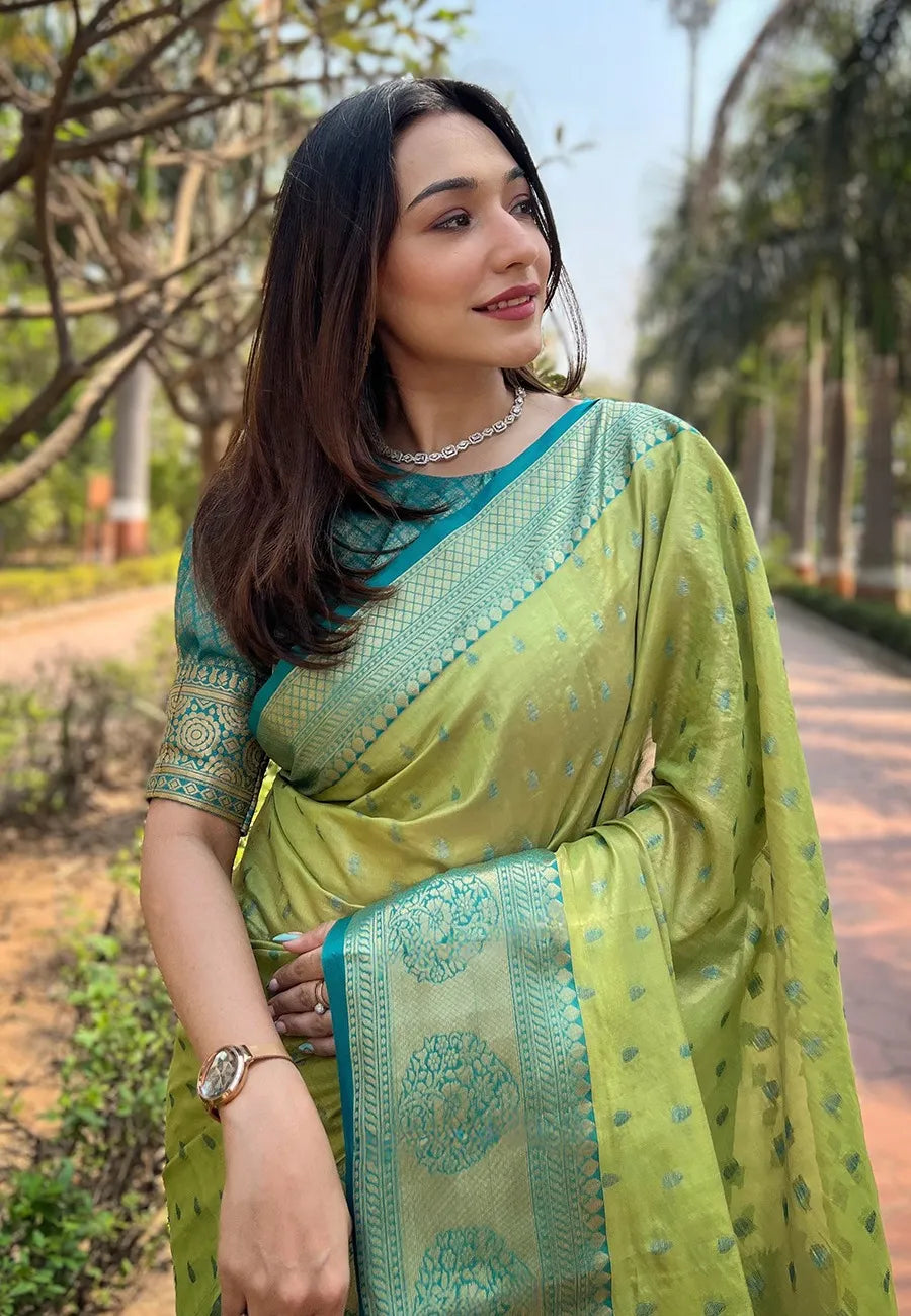 Budget Friendly Tissue Zari Woven Saree | Kanchipuram Pattu Traditional Saree (Green)