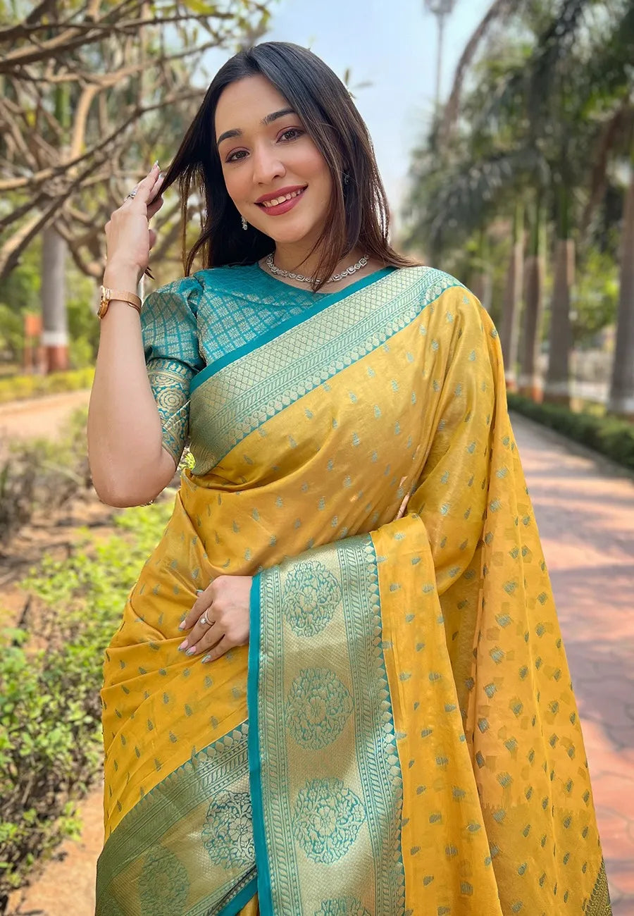 Budget Friendly Tissue Zari Woven Saree | Kanchipuram Pattu Traditional Saree (Yellow)