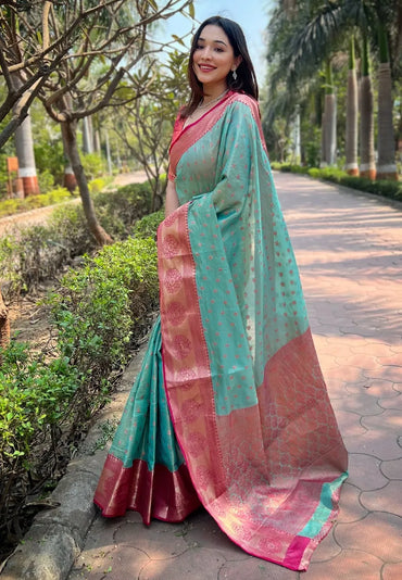 Budget Friendly Tissue Zari Woven Saree | Kanchipuram Pattu Traditional Saree (Peacock Green)